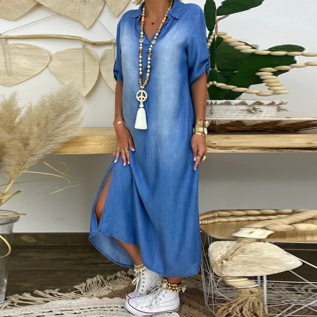 Lea™ | Langes Kleid im Jeans-Look mit Seitenschlitz