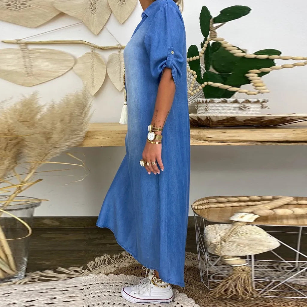 Lea™ | Langes Kleid im Jeans-Look mit Seitenschlitz