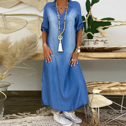 Lea™ | Langes Kleid im Jeans-Look mit Seitenschlitz