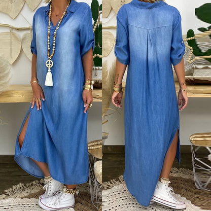 Lea™ | Langes Kleid im Jeans-Look mit Seitenschlitz