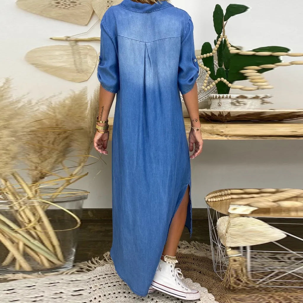 Lea™ | Langes Kleid im Jeans-Look mit Seitenschlitz
