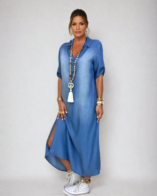 Lea™ | Langes Kleid im Jeans-Look mit Seitenschlitz