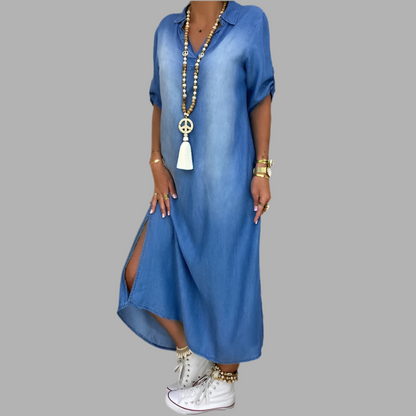 Lea™ | Langes Kleid im Jeans-Look mit Seitenschlitz