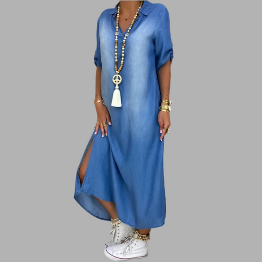 Lea™ | Langes Kleid im Jeans-Look mit Seitenschlitz