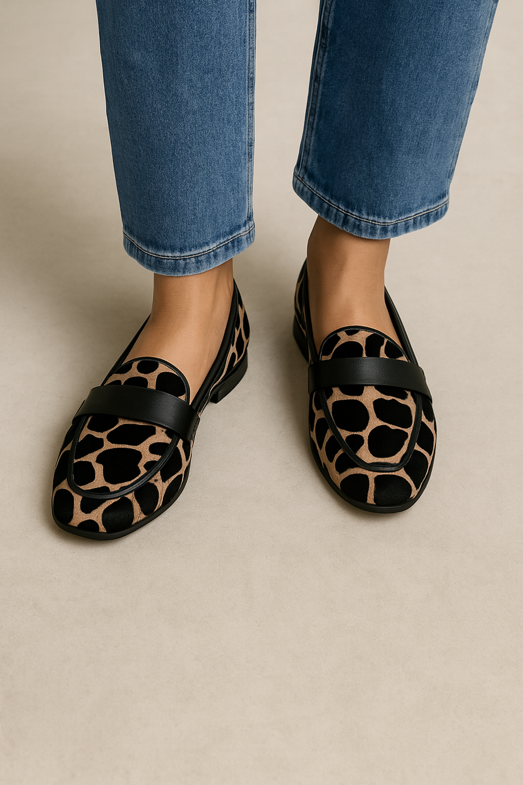 CAMILA – Mocasines de Piel con Estampado Animal y Detalle Negro