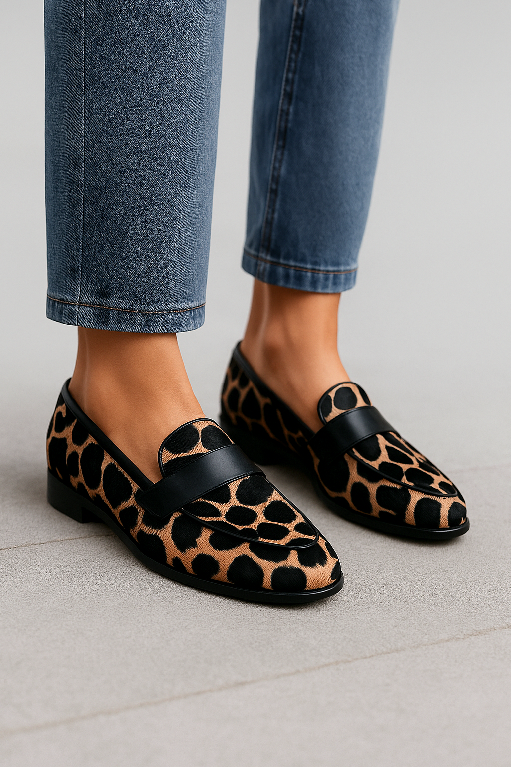 CAMILA – Mocasines de Piel con Estampado Animal y Detalle Negro