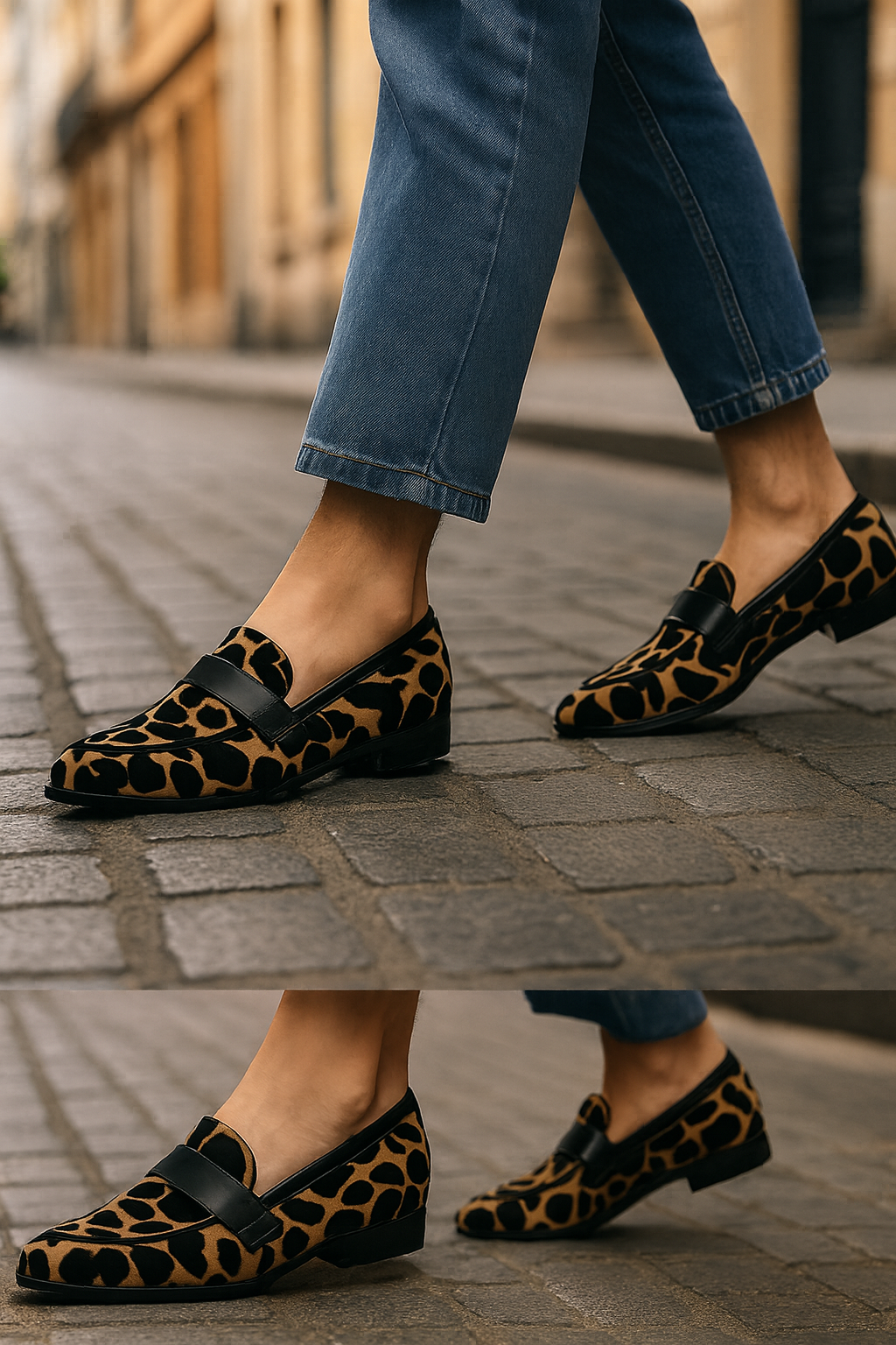 CAMILA – Mocasines de Piel con Estampado Animal y Detalle Negro